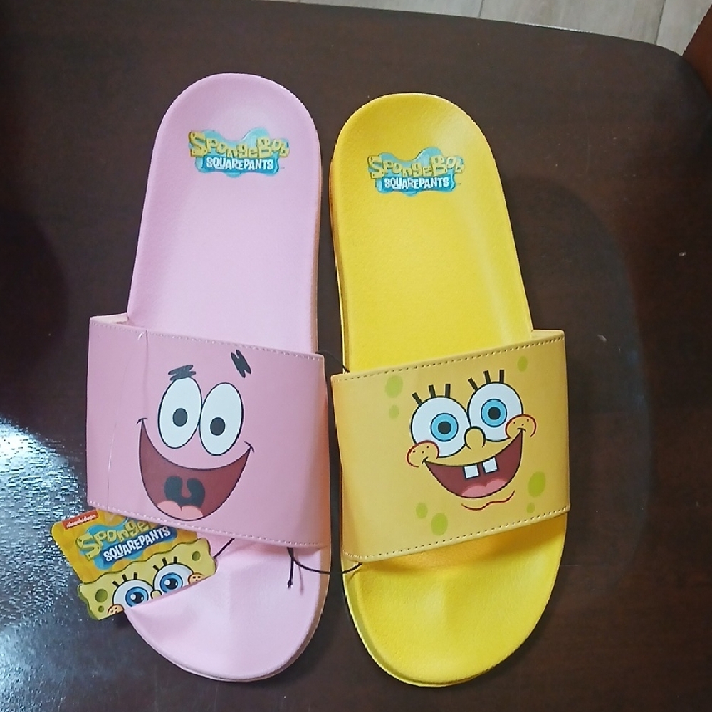 SpongeBob Squarepants Kids Slides in Yellow and Pink with Character Faces